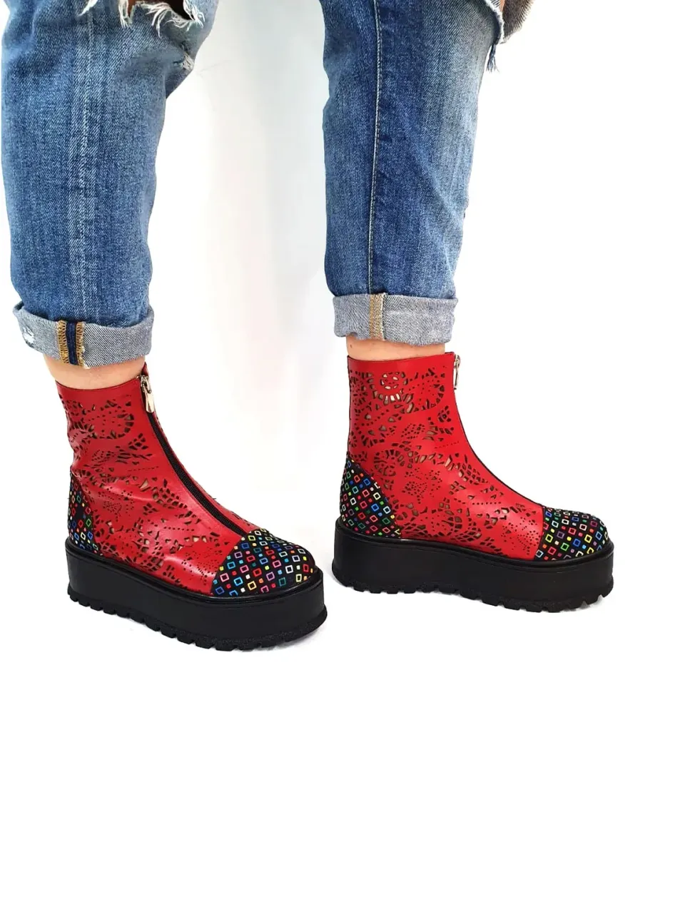Catinca Shoes BV25 RPC bocanci vara piele rosu perforati