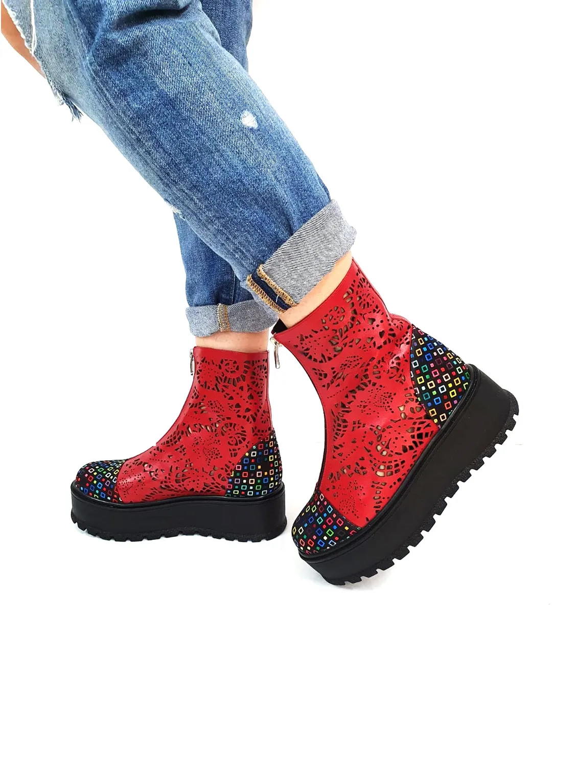 Catinca Shoes BV25 RPC bocanci vara piele rosu perforati