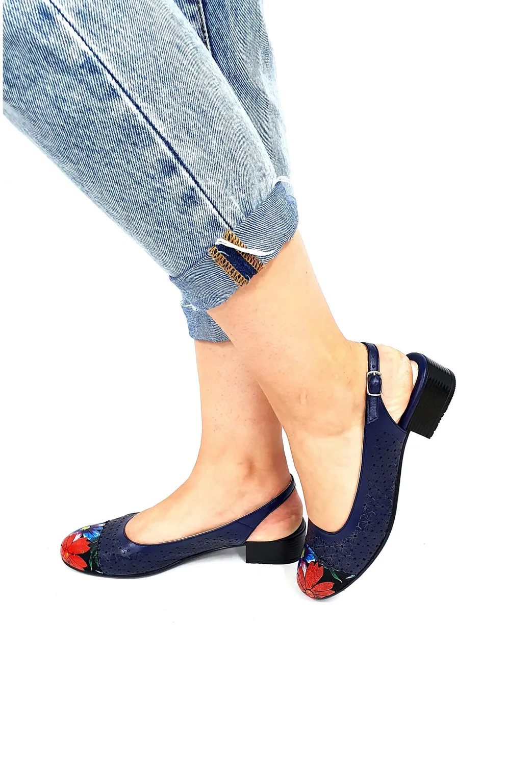 Catinca Shoes T16 BVFN sandale dama piele naturala bleumarin flori