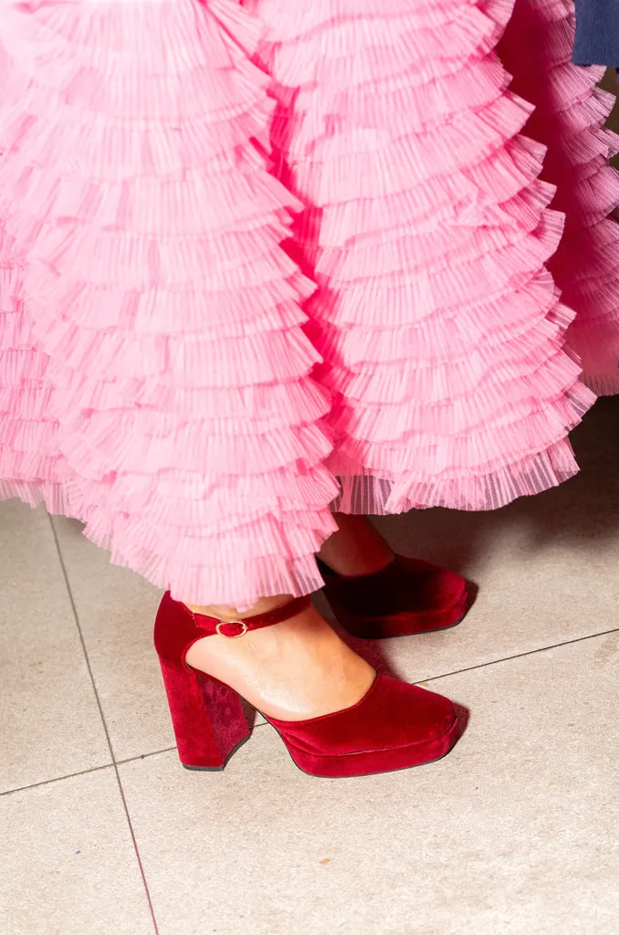 Flagelus Flamenco Red pantofi toc catifea roșu 9 cm