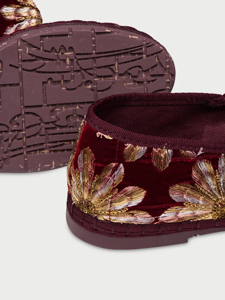 Flagelus Lyra Petal papuci catifea bordo cu broderie