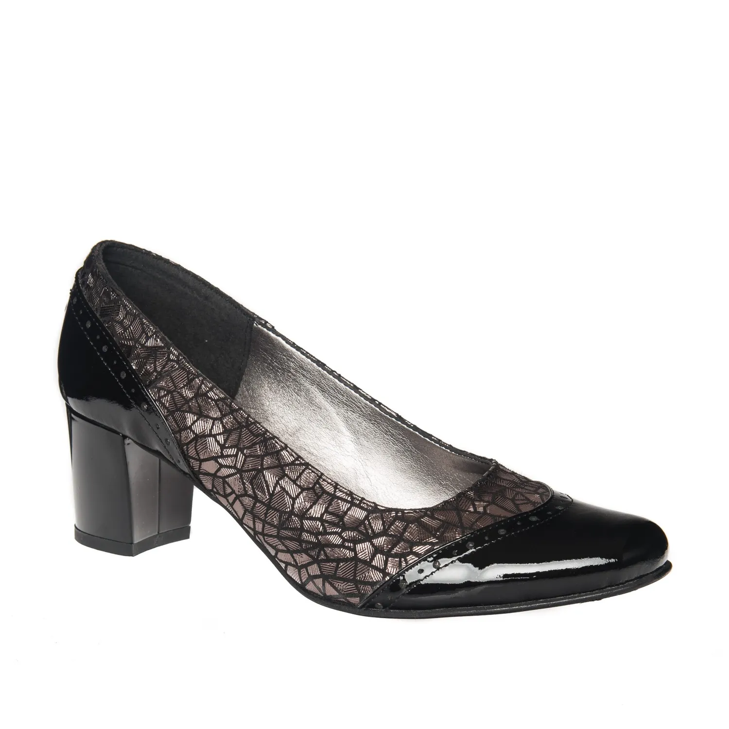 Catinca Shoes 504 pantofi dama lac negru imprimeu maro