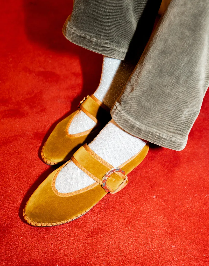 Flagelus Sophie Mustard pantofi Mary Jane mustar catifea