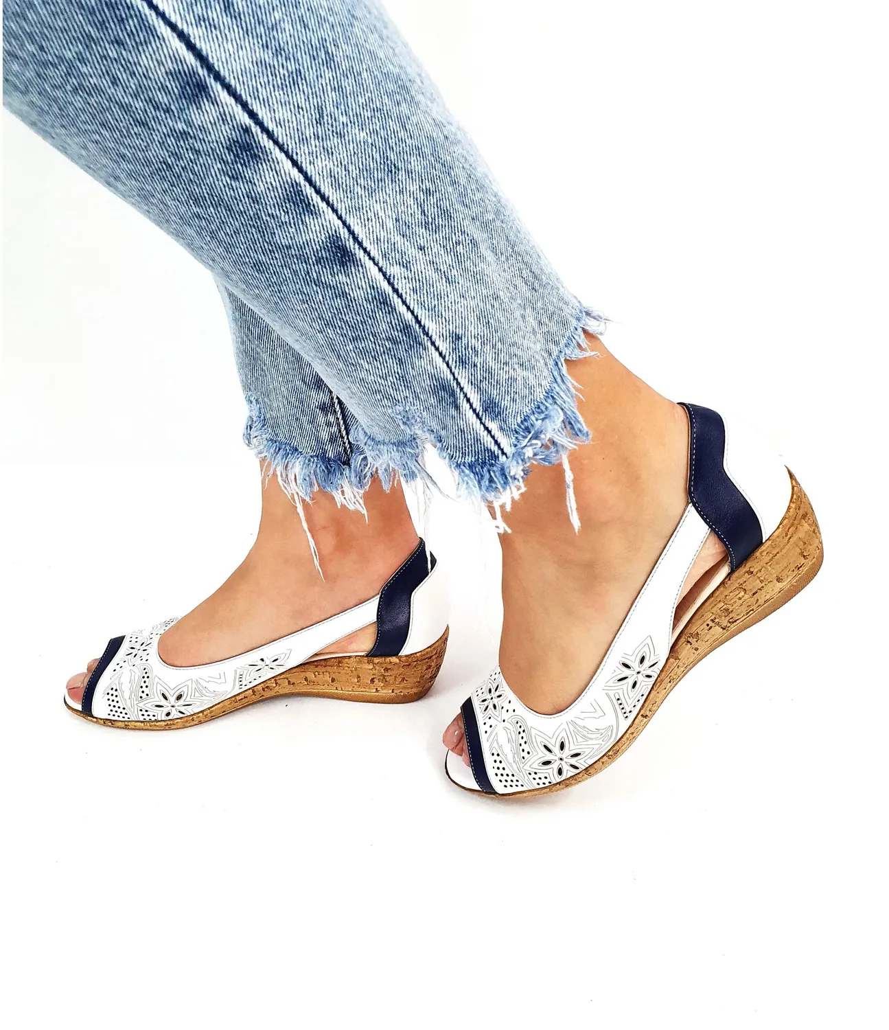 Catinca Shoes T1P ABL sandale damă alb-bleumarin piele naturală
