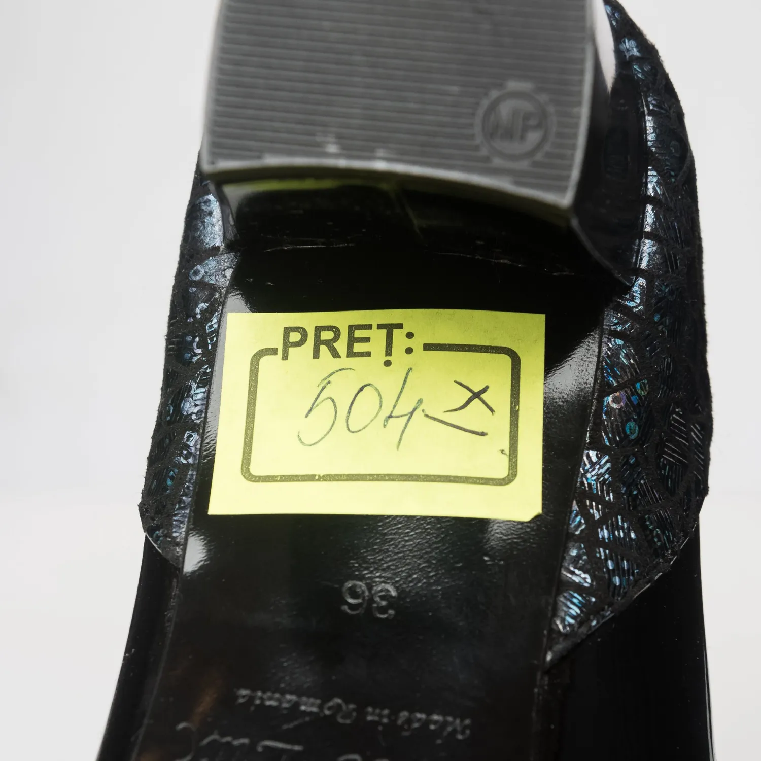 Catinca Shoes 504 NLIA pantofi piele negru lac imprimeu albastru
