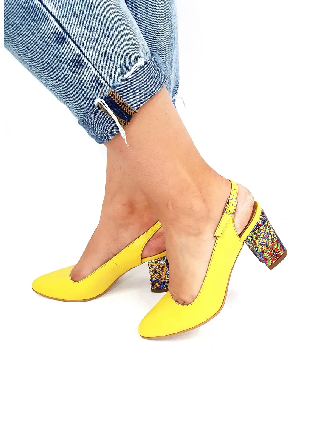 Catinca Shoes V7 GTM3D sandale damă galben toc mozaic piele
