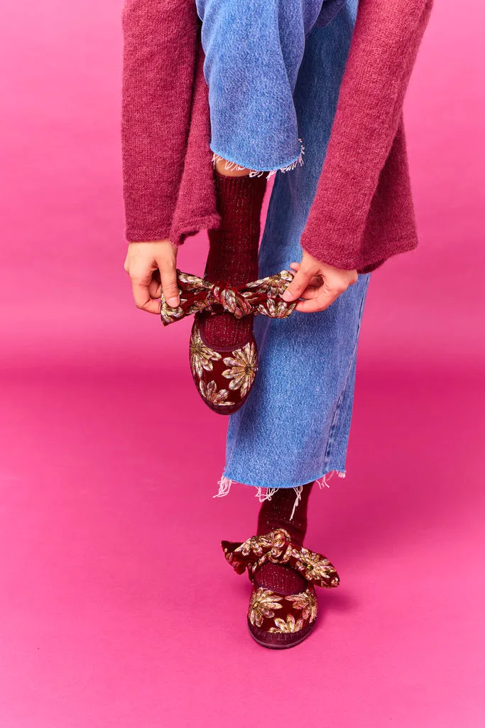Flagelus Lyra Petal papuci catifea bordo cu broderie