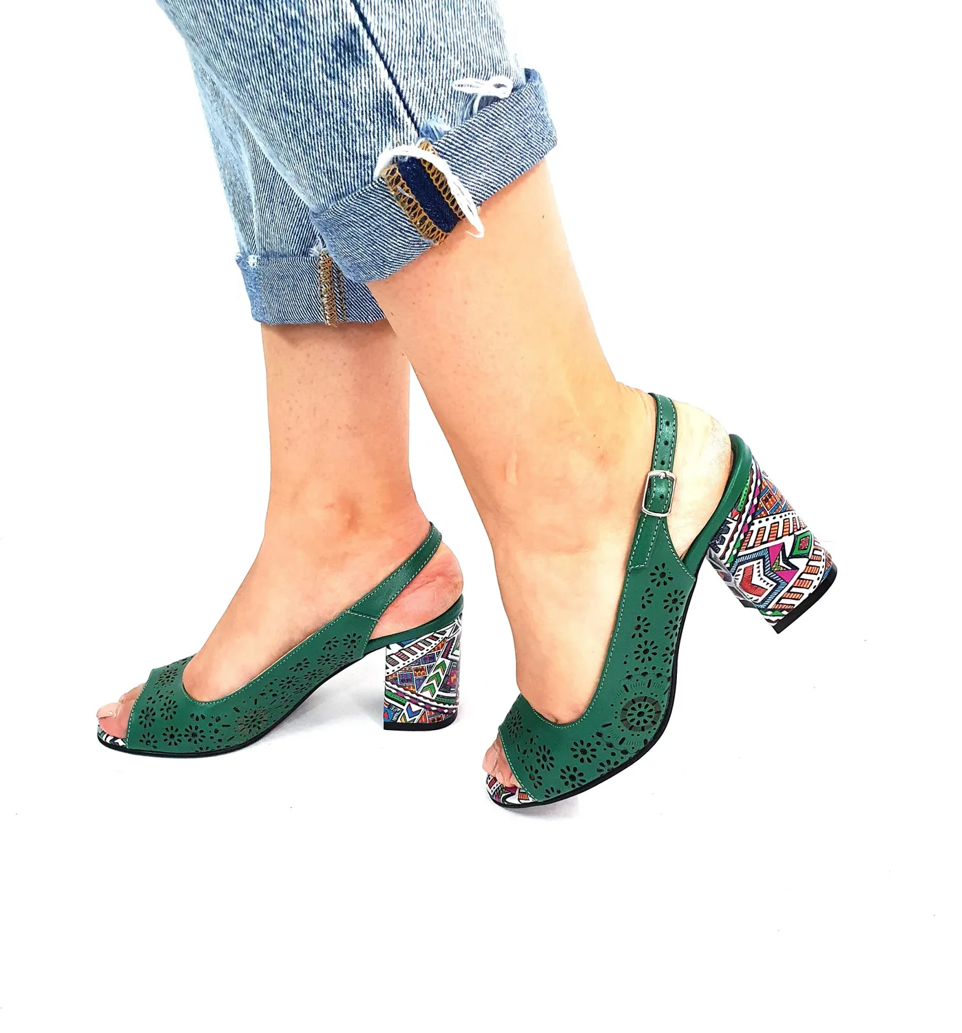 Catinca Shoes P29 sandale dama piele verde toc traditional